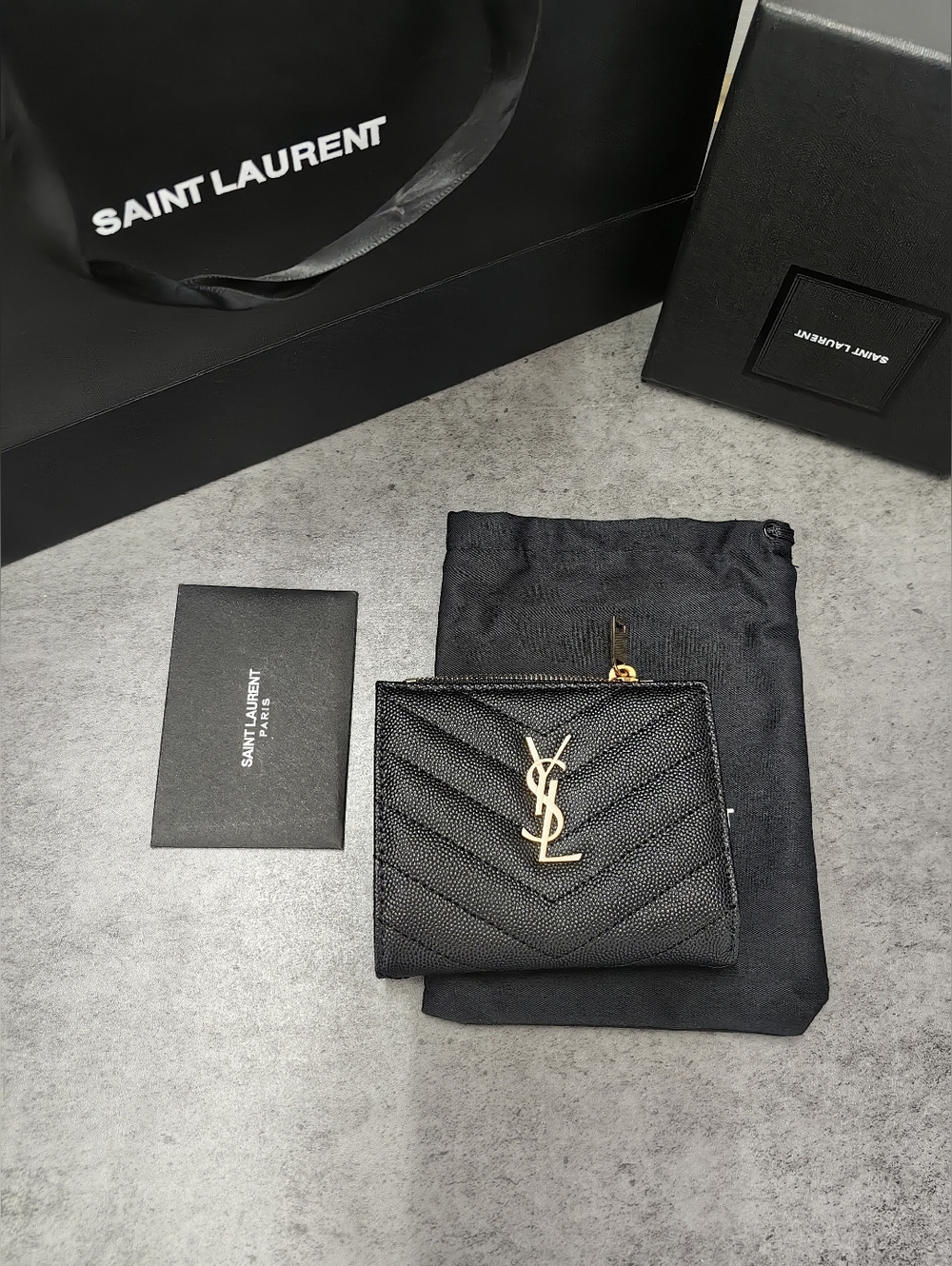 Saint Laurent Black Quilted YSL Logo Wallet with Gold Hardware